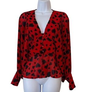 Nasty Gal Collection Red Black Heart Print Long Sleeve V Neck Peplum Blouse Top